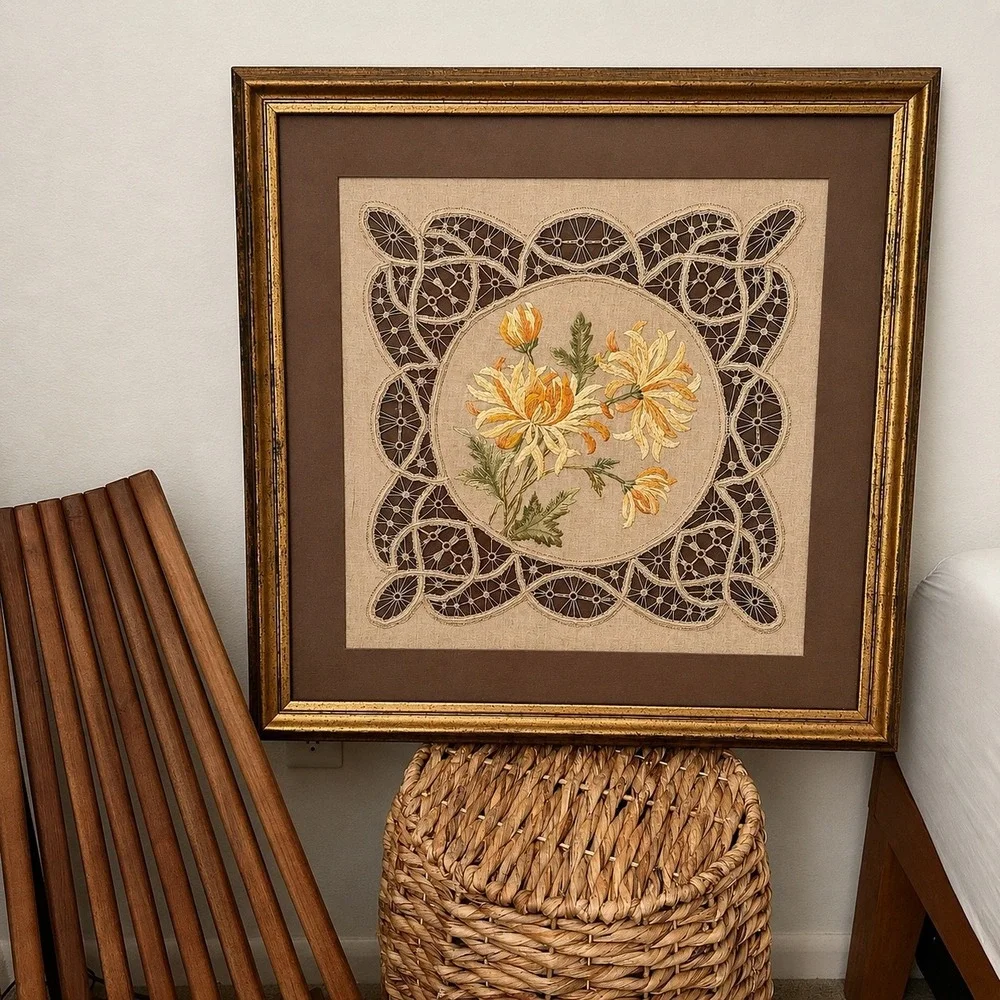 Vintage Brown Gold Silk Thread‎ Embroidered Floral Lace Muslin Framed Art 28x28